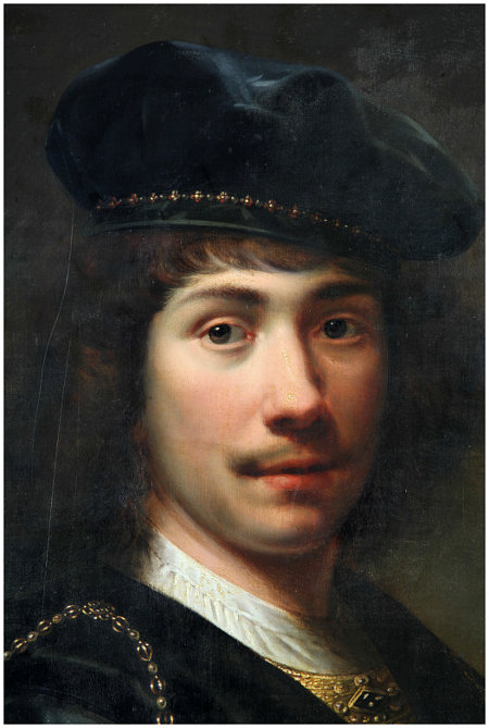 Click the image for a view of: Detail of the portrait showing the overpaint in the area of the mouth, as dark. The surface scratches of the varnish can also be noted, as well as the overall craquelure.