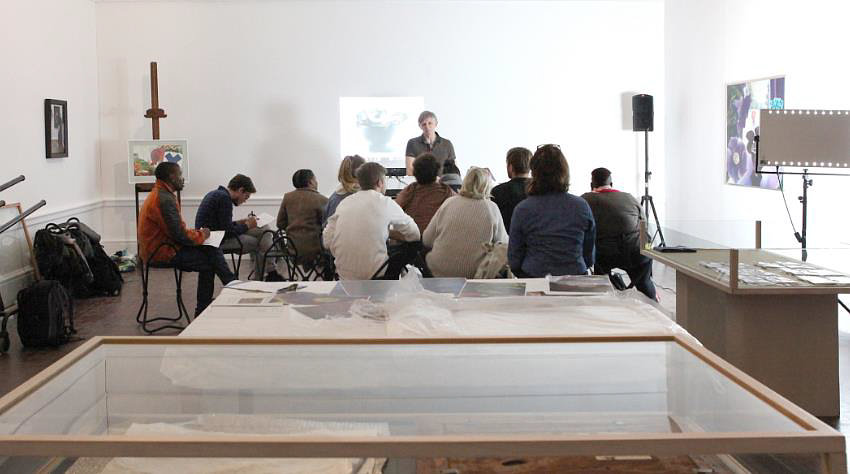 Click the image for a view of: The artist Michael Pettit speaking about his work with the students.